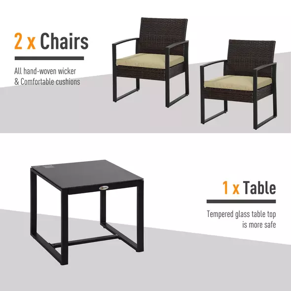 Outsunny 3 pcs PE Rattan Wicker Garden Furniture Patio Bistro Set Weave Conservatory Sofa Coffee Table and Chairs Set Beige - 5