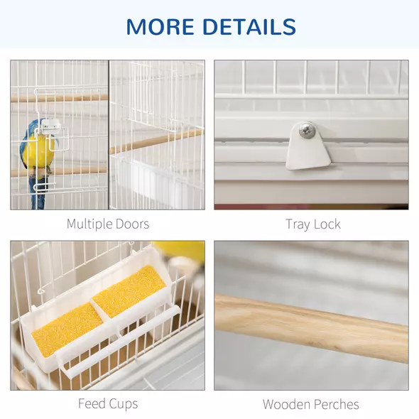 PawHut Large Bird Cage Budgie Cage for Finch Canaries Parakeet with Rolling Stand, Slide-out Tray, Storage Shelf, Food Containers, White - 7