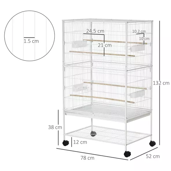 PawHut Large Bird Cage Budgie Cage for Finch Canaries Parakeet with Rolling Stand, Slide-out Tray, Storage Shelf, Food Containers, White - 3