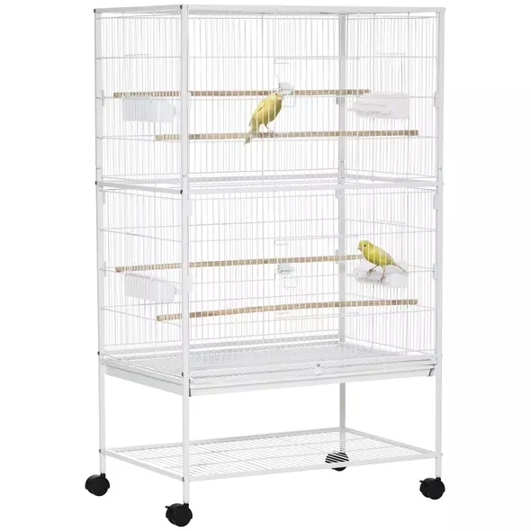 PawHut Large Bird Cage Budgie Cage for Finch Canaries Parakeet with Rolling Stand, Slide-out Tray, Storage Shelf, Food Containers, White - 1