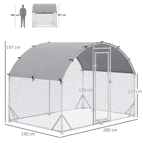 PawHut Walk In Chicken Run Galvanised Chicken Coop Hen Poultry House Cage Pet Playpen Garden with Water-Resist Cover, 2.8 x 1.9 x 2m - 3
