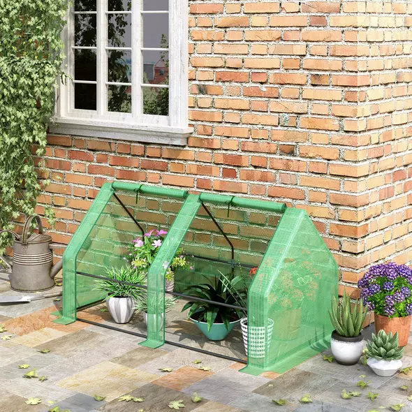 Outsunny Mini Small Greenhouse with Steel Frame & PE Cover & Zippered Window Poly tunnel Steeple for Plants Vegetables, 180 x 90 x 90 cm, Green - 2