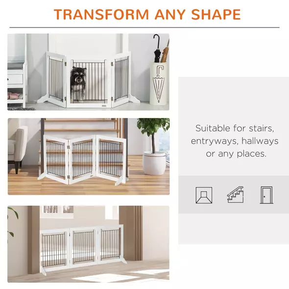 PawHut Foldable Pet Gate, with Three Panels & Two Support Feet - White - 4