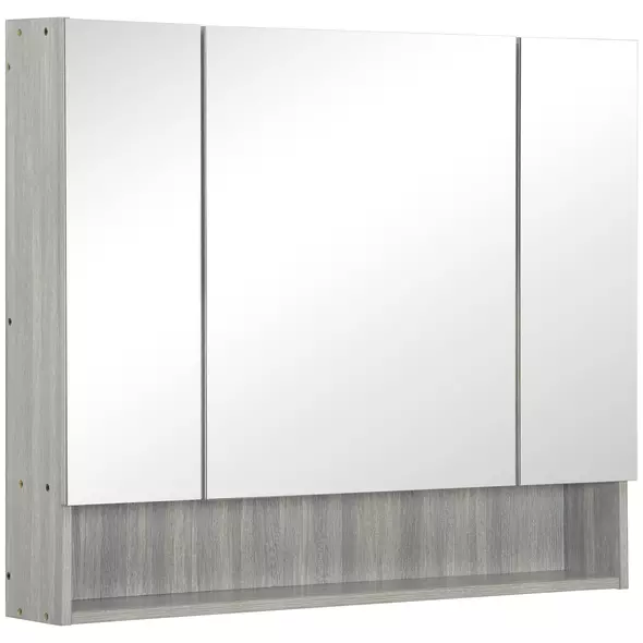 kleankin Bathroom Mirror Cabinet, Wall Mounted Storage Cabinet with Adjustable Shelves, 3 Doors and Cupboards, Grey - 2
