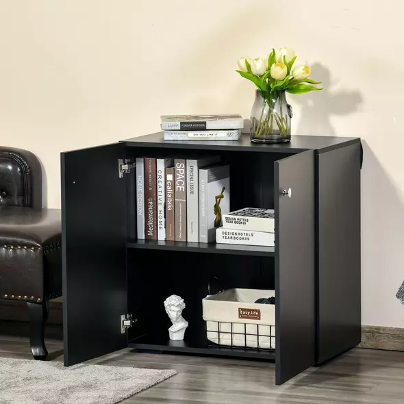 HOMCOM Storage Cabinet w/ Two Shelves Wooden Sideboard Freestanding Kitchen Cupboard Bookcase - Black - 8