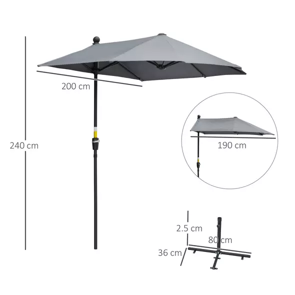 Outsunny 2m Half Parasol Market Umbrella Garden Balcony Parasol with Crank Handle, Base, Double-Sided Canopy, Dark Grey - 3