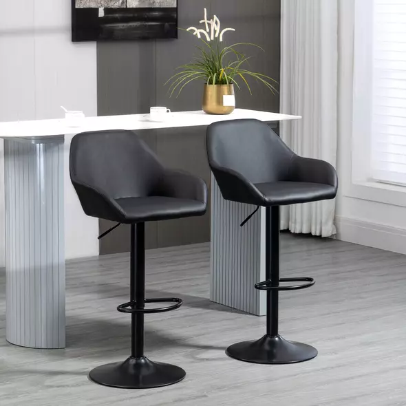 HOMCOM Bar Stools Set of 2, Height Adjustable Swivel Barstools, PU Leather Kitchen Stools with Backs, Armrests and Footrest for Home, Counter and Dining Room, Black - 2