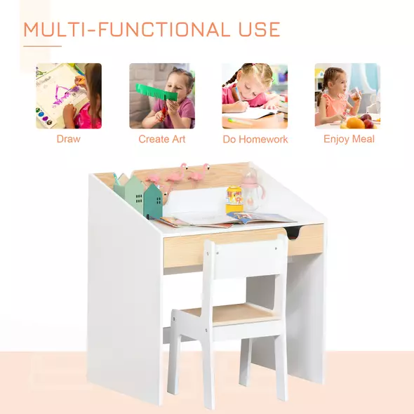 HOMCOM Kids Desk and Chair Set 2 Pieces Children Study Table with Storage Pull-Out Drawer Bookshelf for 3-6 Years Writing, Reading, Drawing - 4