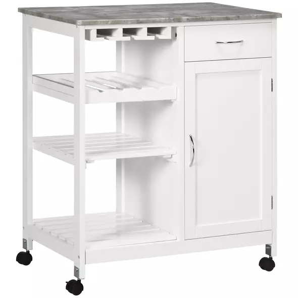 HOMCOM Compact Kitchen Trolley Utility Cart on Wheels with Wine Rack, Drawer, Open Shelf and Storage Cabinet for Dining Room, White - 1