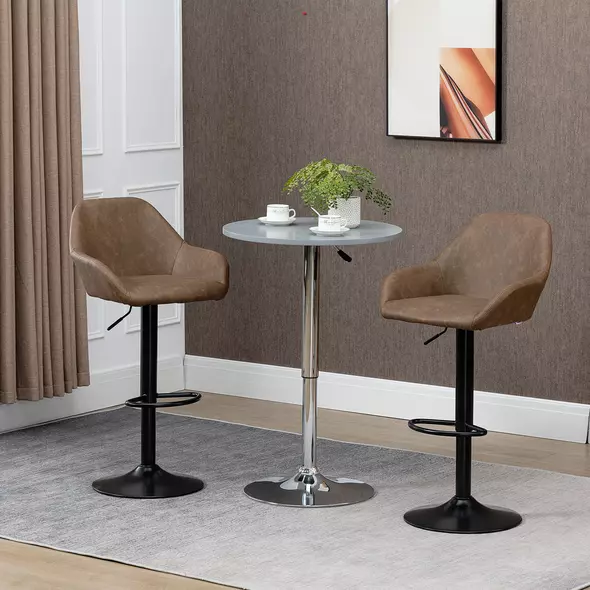 HOMCOM Bar Stools Set of 2, Height Adjustable Swivel Barstools, PU Leather Kitchen Stools with Backs, Armrests and Footrest for Home, Counter and Dining Room, Dark Brown - 2