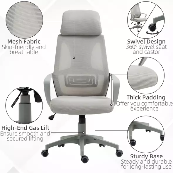 Vinsetto Ergonomic Office Chair, High Back Computer Chair, Mesh Desk Chair with Lumbar Support, Headrest, Wheel, Adjustable Height, Grey - 8