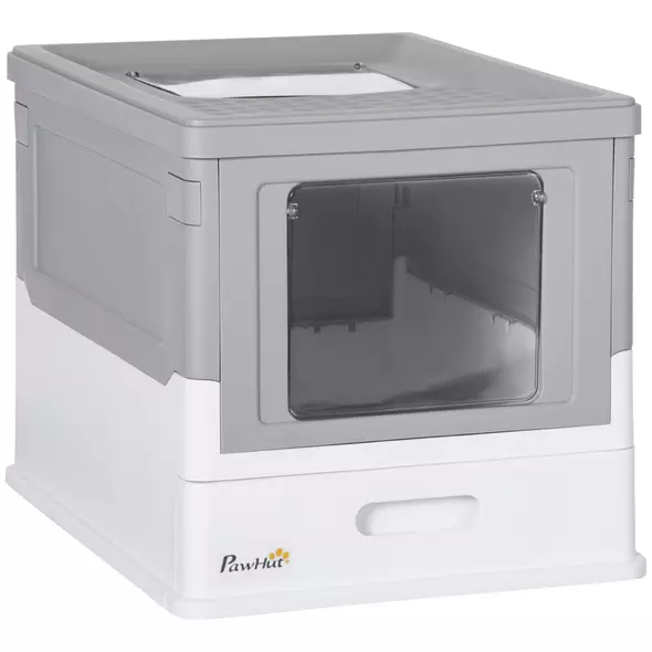 PawHut Hooded Cat Litter Box, Portable Pet Toilet, with Scoop, Front Entry - Grey - 1