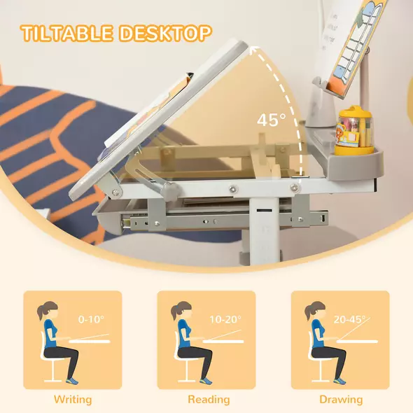 HOMCOM Kids Study Desk and Chair Set w/ Adjustable Height, Storage, Drawer, Grey - 7