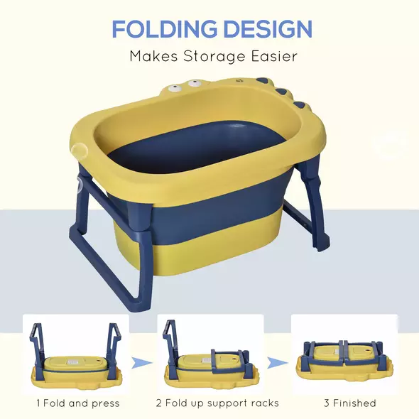 HOMCOM Baby Bathtub for 0-6 Years Collapsible Non-Slip Portable with Stool Seat for Newborns Infants Toddlers Kids - Yellow - 6