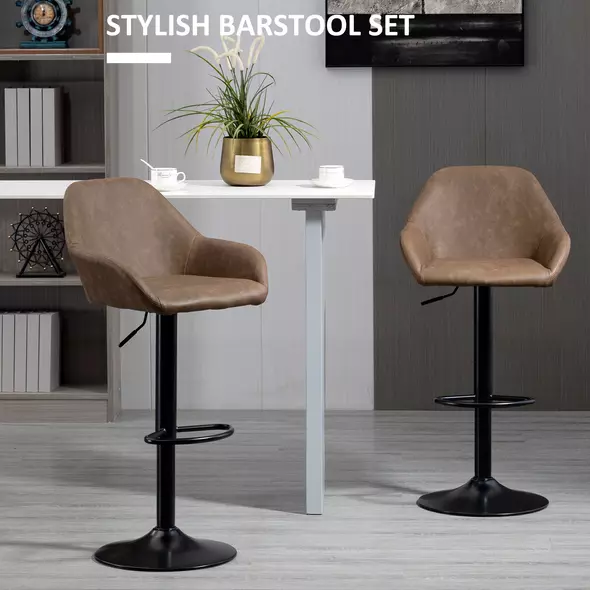HOMCOM Bar Stools Set of 2, Height Adjustable Swivel Barstools, PU Leather Kitchen Stools with Backs, Armrests and Footrest for Home, Counter and Dining Room, Dark Brown - 4