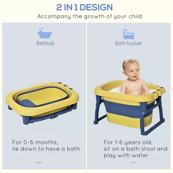 HOMCOM Baby Bathtub for 0-6 Years Collapsible Non-Slip Portable with Stool Seat for Newborns Infants Toddlers Kids - Yellow - 4