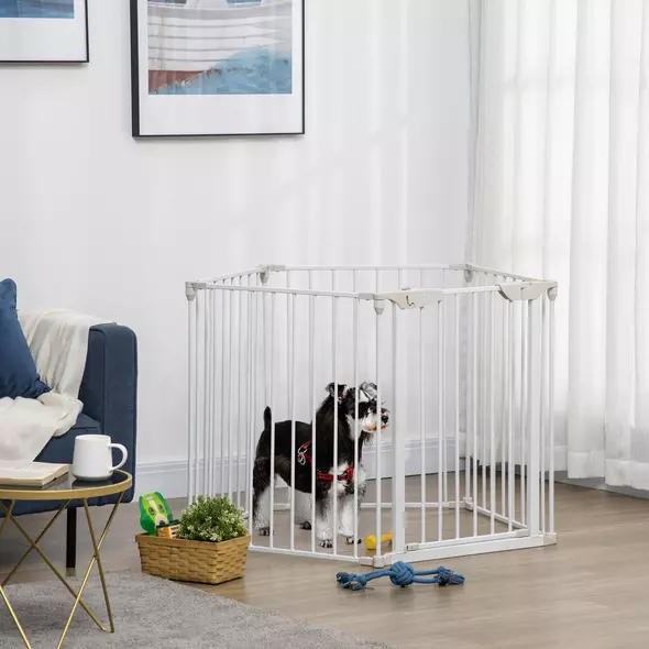 PawHut 5 Panels Pet Playpen Metal Fence w/ Walk Through Door - White - 2