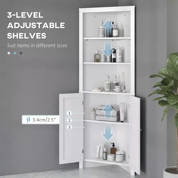 kleankin Triangle Bathroom Cabinet, Corner Bathroom Storage Unit with Cupboard and 3-Tier Shelves, Free Standing, White - 6