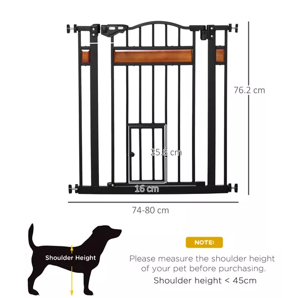 PawHut Pet Gate Safety Gate, with Cat Flap, Auto Close, for Staircases, Doorways, Hallways, 74-80cm Wide - Black - 3