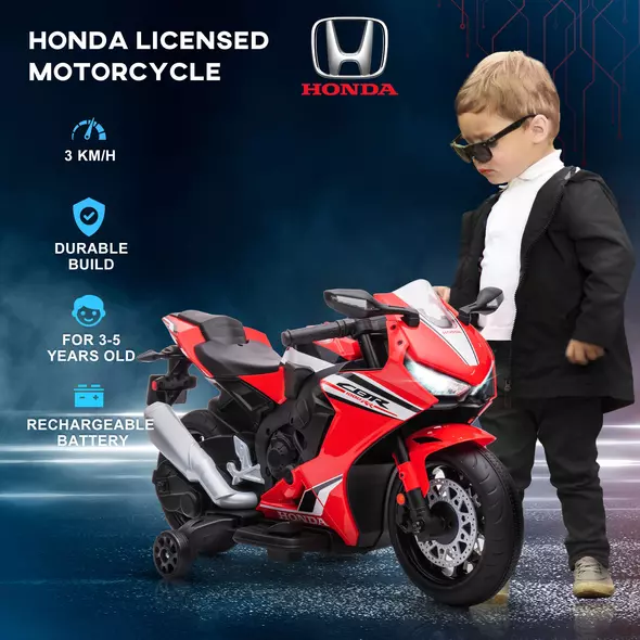 HOMCOM 6V Honda Licensed Kids Motorcycle w/ Music, Training Wheels - Red - 6