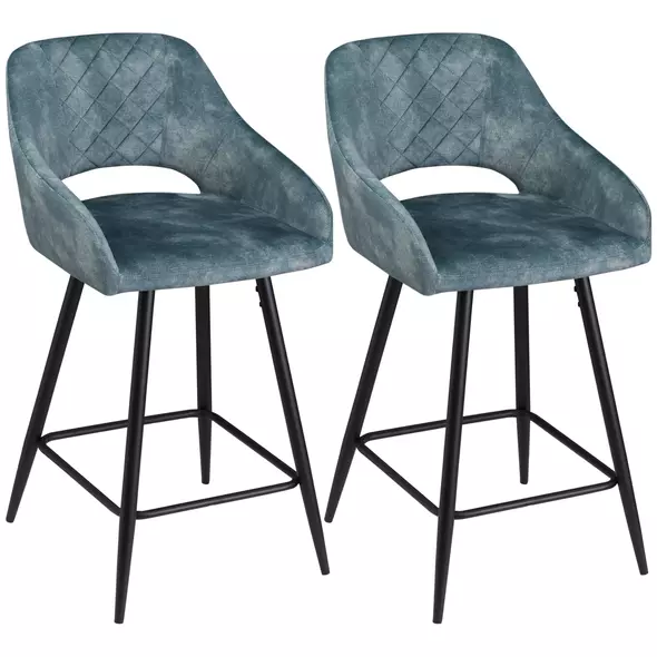 HOMCOM Bar Stools Set of 2, Velvet-Touch Fabric Counter Height Bar Chairs, Kitchen Stools with Steel Legs for Dining Area, Kitchen Island Barstools, Blue - 1
