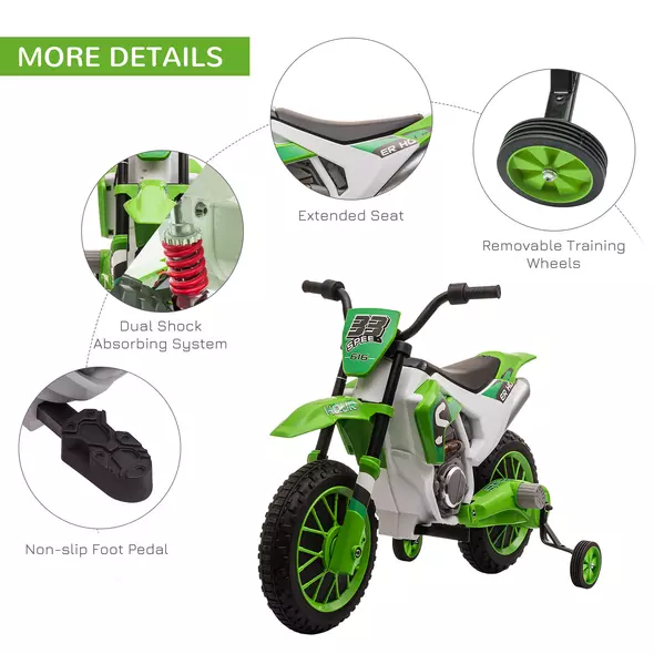 HOMCOM 12V Kids Electric Motorcycle Ride-On, with Training Wheels, for Ages 3-6 Years - Green - 6