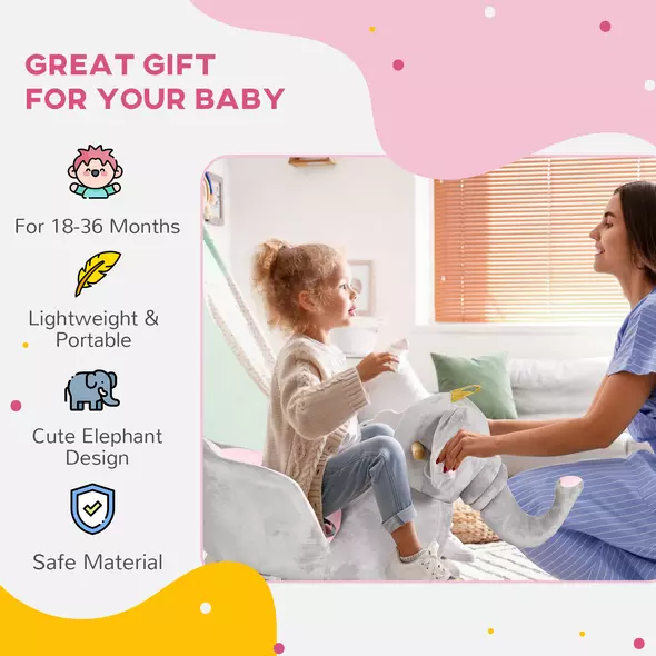 HOMCOM Kids Elephant-Designed Rocking Horse, with Safety Belt, Wooden Base, for Ages 18-36 Months - Grey - 4