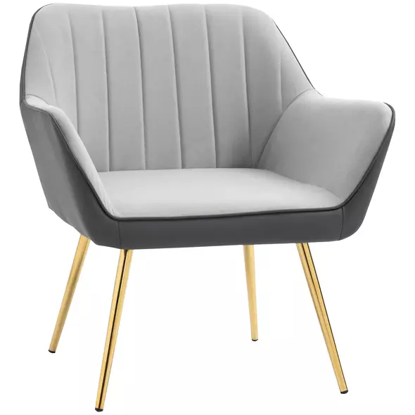HOMCOM Velvet Armchair, Upholstered Accent Chair with Golden Steel Legs, Modern Vanity Chair for Living Room and Bedroom, Light Grey - 1