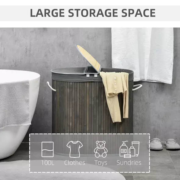 HOMCOM Bamboo Laundry Basket with Lid, 100 Litres Laundry Hamper with 2 Sections, Removable Washable Lining, Washing Baskets, 62.5 x 37 x 60.5cm, Grey - 4