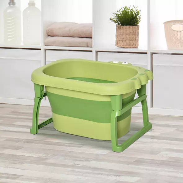 HOMCOM Foldable Baby Bathtub, with Stool - Green - 2