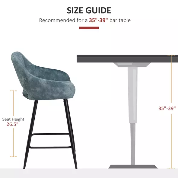 HOMCOM Bar Stools Set of 2, Velvet-Touch Fabric Counter Height Bar Chairs, Kitchen Stools with Steel Legs for Dining Area, Kitchen Island Barstools, Blue - 7