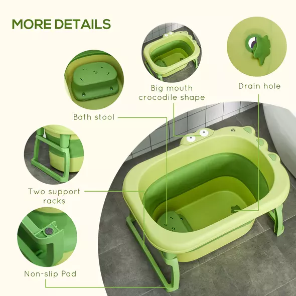 HOMCOM Foldable Baby Bathtub, with Stool - Green - 7