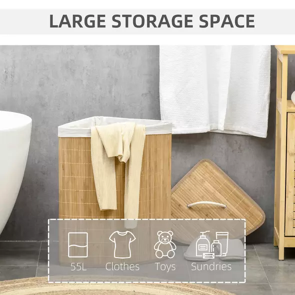 HOMCOM Bamboo Laundry Basket with Lid, 55 Litres Laundry Hamper with Removable Washable Lining,  Corner Washing Baskets, 38 x 38 x 57cm, Natural - 4