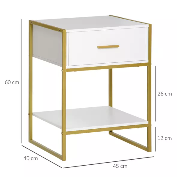 HOMCOM Modern Bedside Table, Nightstand with Drawer Shelf, Side Table for Living room, Bedroom White and Gold, Set of 2 - 3