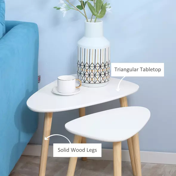 HOMCOM Nesting Coffee Table, Set of 2 Side Tables, Stacking End Tables with Solid Wood Legs, for Living Room Bedroom, White - 5