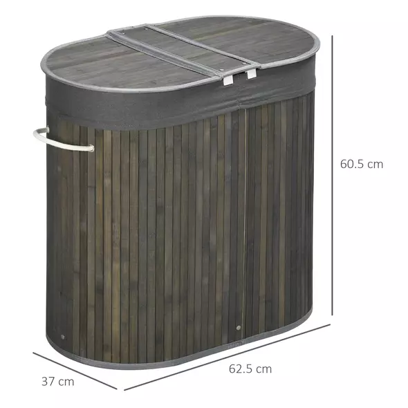 HOMCOM Bamboo Laundry Basket with Lid, 100 Litres Laundry Hamper with 2 Sections, Removable Washable Lining, Washing Baskets, 62.5 x 37 x 60.5cm, Grey - 3