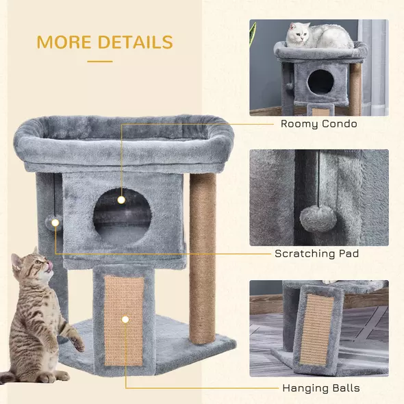 PawHut Cat Tree Tower for Indoor Cats Cat Scratching Post Climbing Activity Centre w/Jute Scratching Pad, Toy Ball, Cat House - Grey - 5