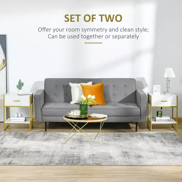 HOMCOM Modern Bedside Table, Nightstand with Drawer Shelf, Side Table for Living room, Bedroom White and Gold, Set of 2 - 4