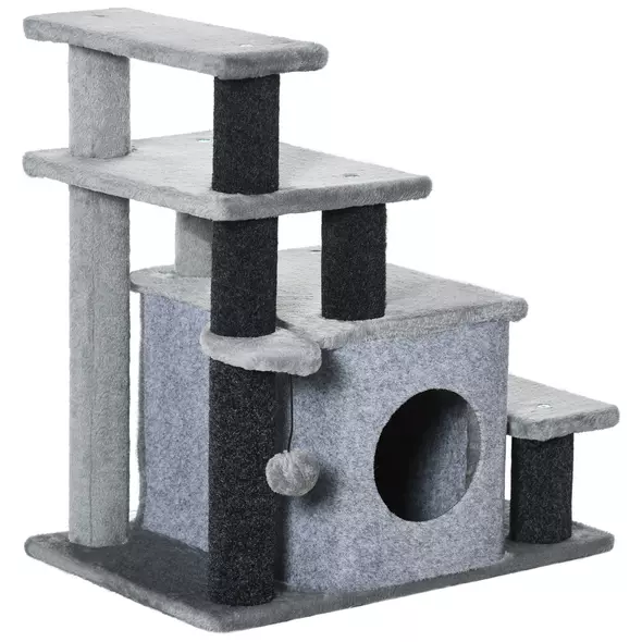 PawHut Adjustable Cat Steps, with House & Hanging Toy Ball - Grey - 1