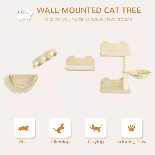 PawHut 4PCs Wall-Mounted Cat Shelves w/ Scratching Post, Hammock, Nest - Beige - 4