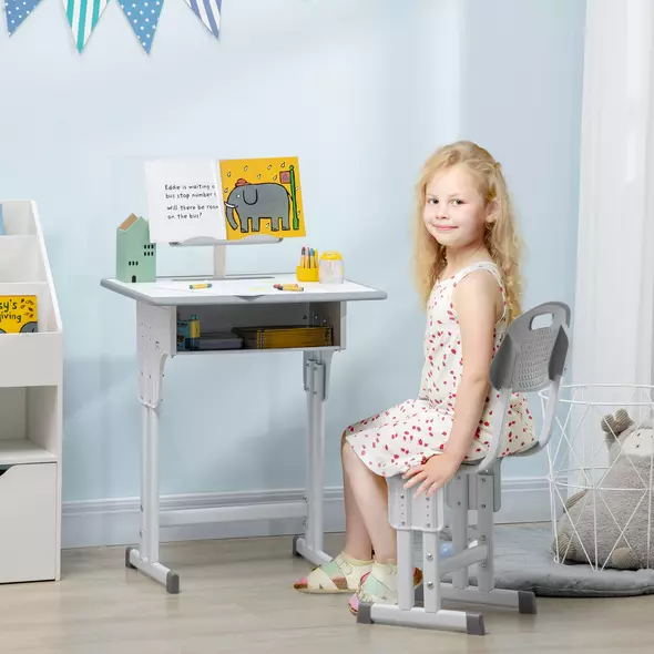 HOMCOM Kids Adjustable Desk and Chair Set, Book Stand, Pen Slot - Grey - 2