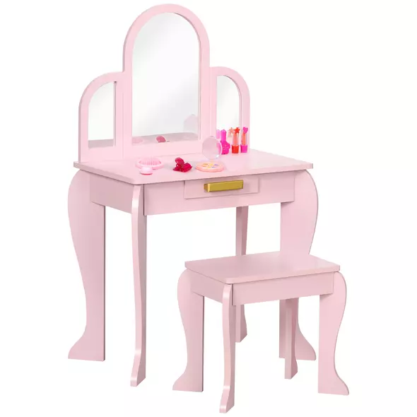 HOMCOM Kids Dressing Table Set, with Mirror and Drawer - Pink - 1