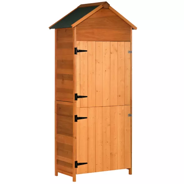 Outsunny Wooden Outdoor Storage Shed, Compact Utility Outdoor Tool Shed with Lockable Double Doors and Shelves, Orange - 1