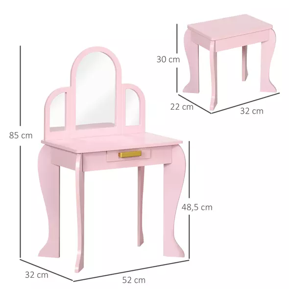 HOMCOM Kids Dressing Table Set, with Mirror and Drawer - Pink - 3
