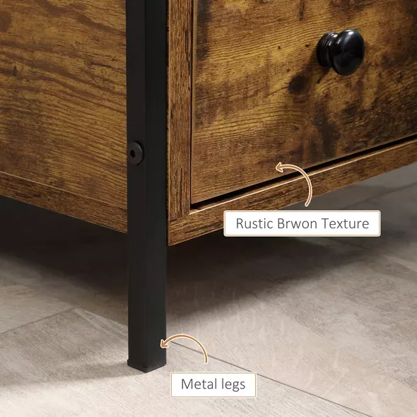 HOMCOM Side Table, Narrow Bedside Table with 2 Drawers and Storage Shelf, Industrial End Table with Metal Frame for Small Spaces, Rustic Brown - 6