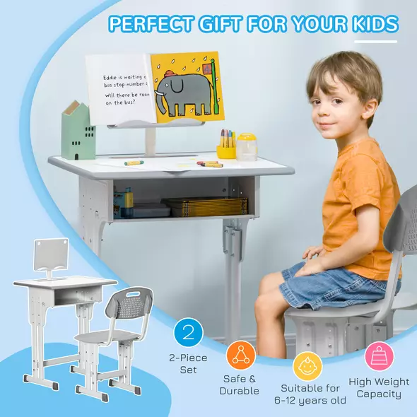 HOMCOM Kids Adjustable Desk and Chair Set, Book Stand, Pen Slot - Grey - 4