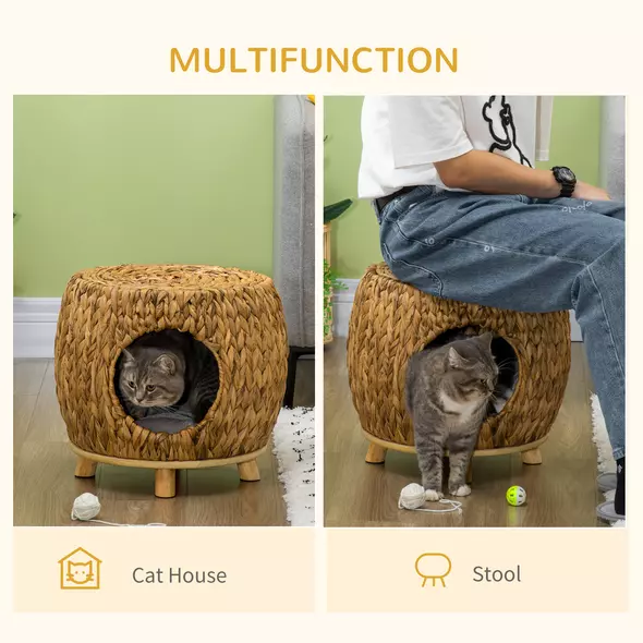 PawHut Wicker Cat Bed Cat House Stool with Washable Cushion, 44 x 43 x 41cm - 4