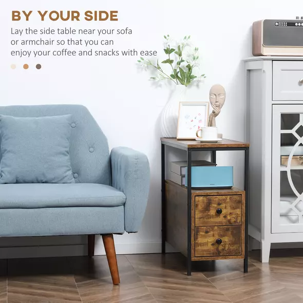 HOMCOM Side Table, Narrow Bedside Table with 2 Drawers and Storage Shelf, Industrial End Table with Metal Frame for Small Spaces, Rustic Brown - 4