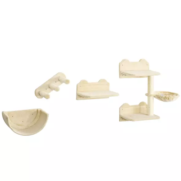 PawHut 4PCs Wall-Mounted Cat Shelves w/ Scratching Post, Hammock, Nest - Beige - 1