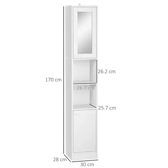 kleankin Tall Bathroom Storage Cabinet with Mirror, Narrow Bathroom Unit, Freestanding Bathroom Cupboard with Adjustable Shelves and 2 Doors, White - 3